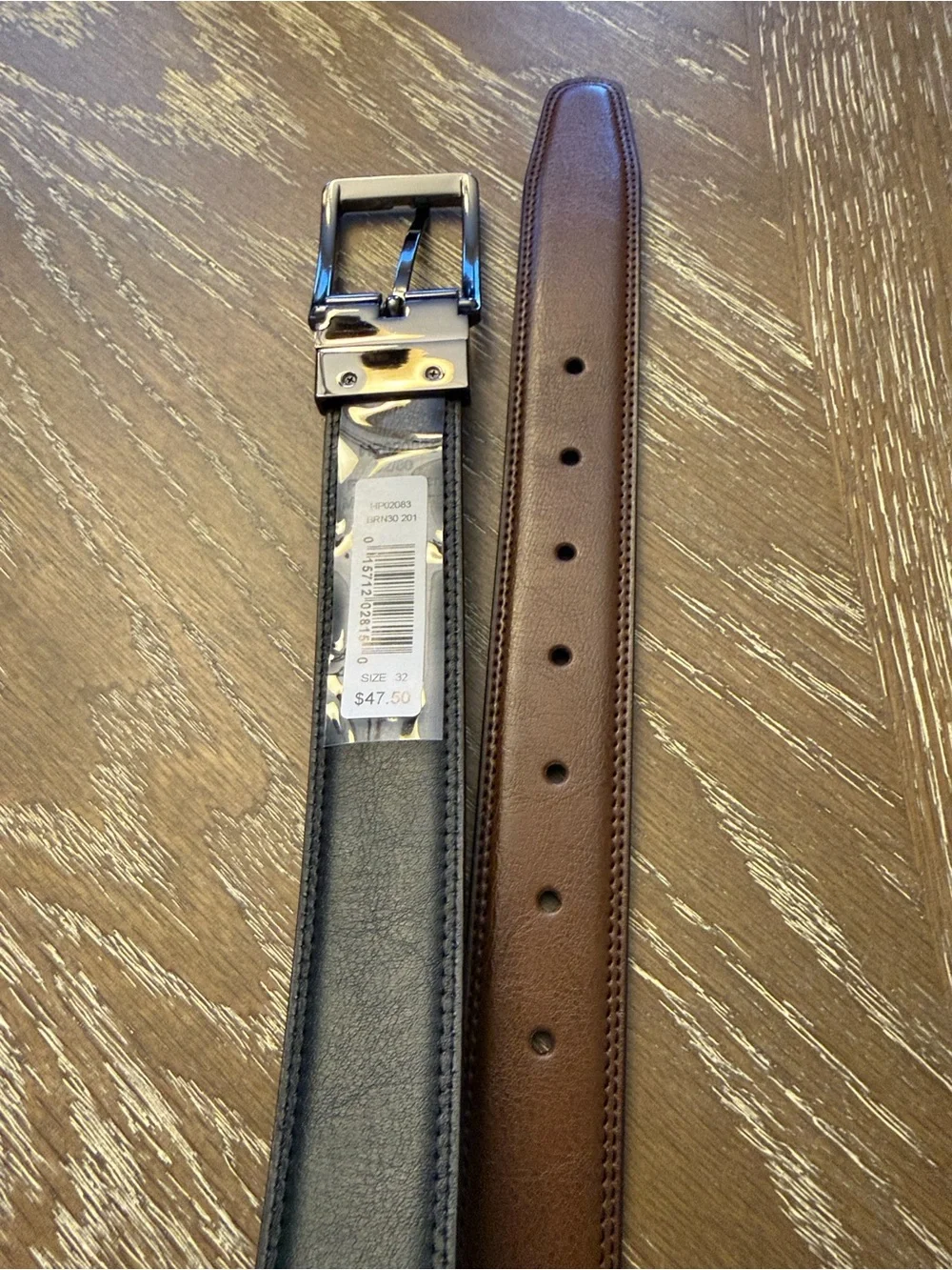 Perry Ellis Brown Black Leather Reversible Belt with Polished Gunmetal Buckle